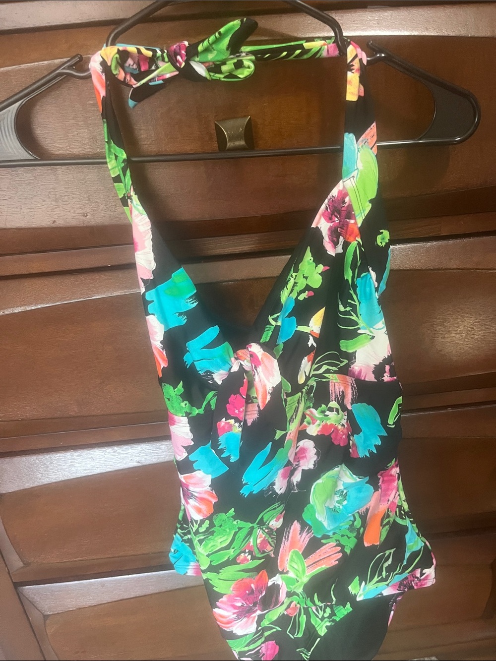 Catalina Black Floral Halter Swim Footie with Neon Accents